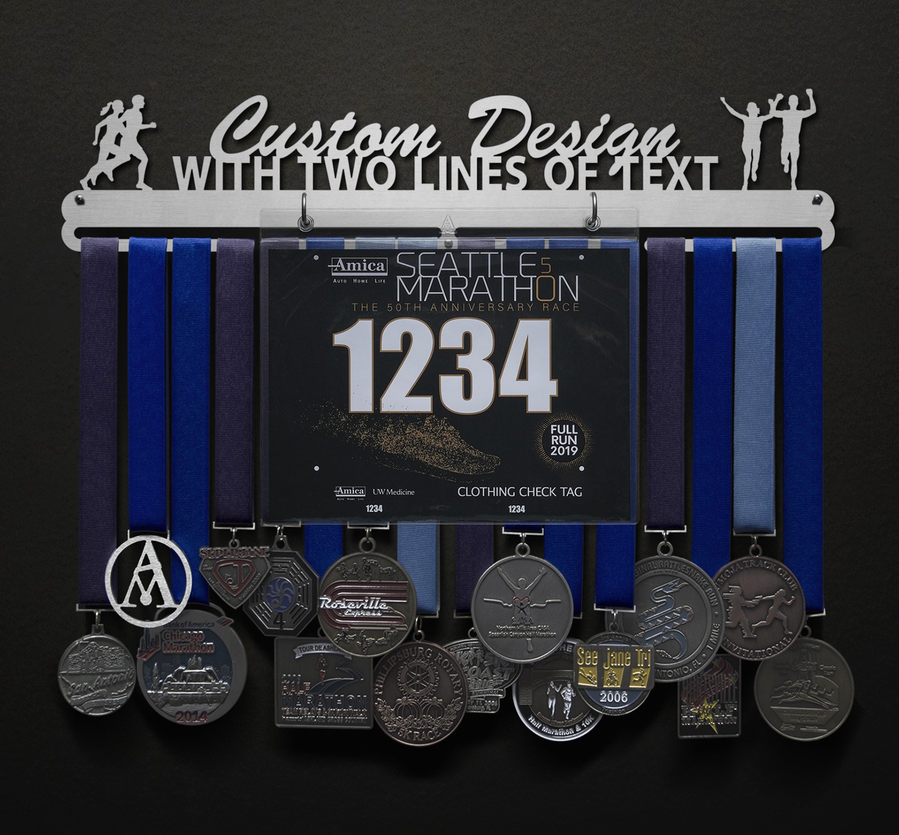 smaak Onhandig Darmen Custom Bib And Medal Display With Two Lines Of Text | Sport & Running Medal  Displays | The Original Stainless Steel Medal Display